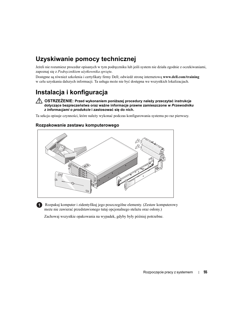 Uzyskiwanie pomocy technicznej, Instalacja i konfiguracja, Rozpakowanie zestawu komputerowego | Dell PowerEdge 6950 User Manual | Page 57 / 92