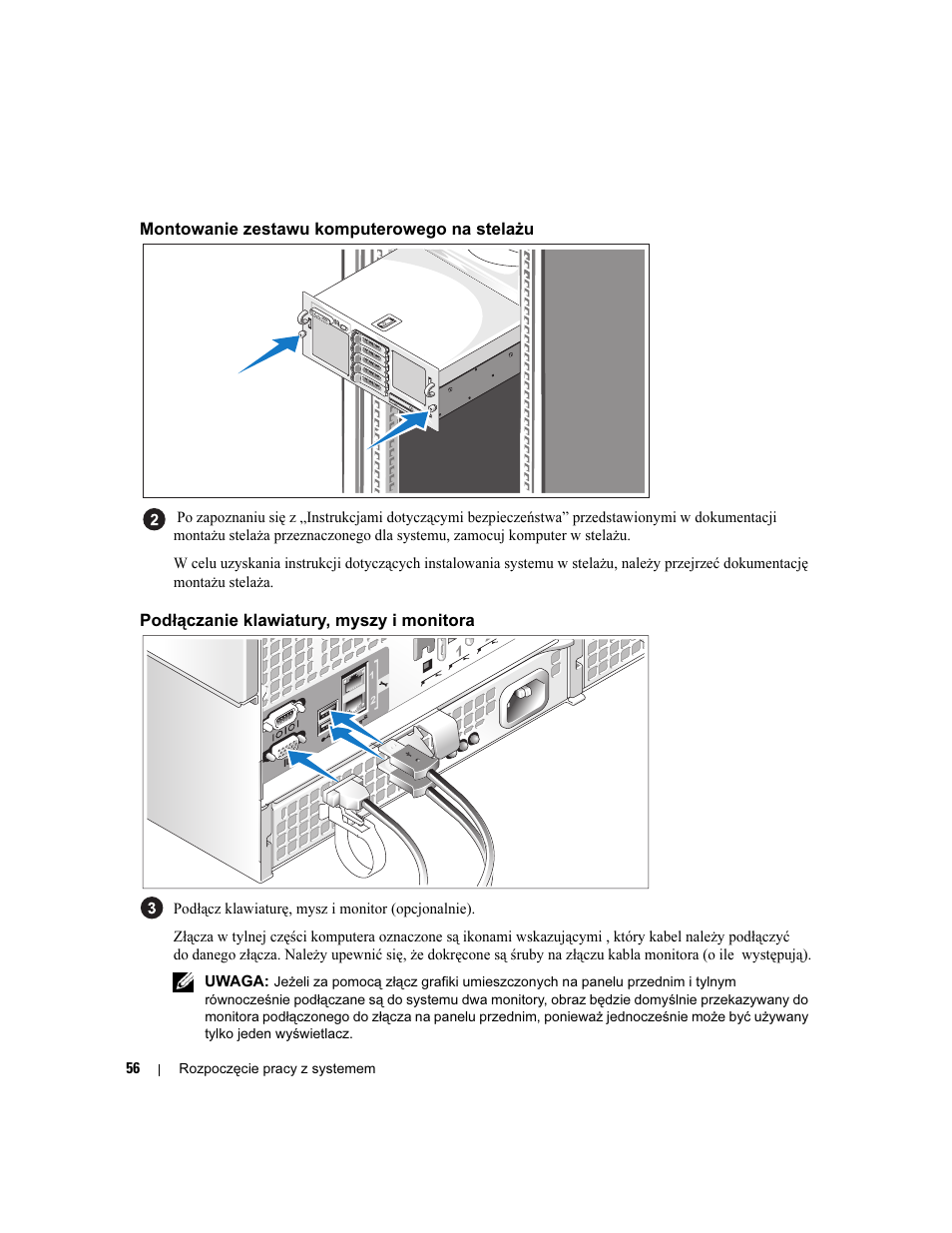 Montowanie zestawu komputerowego na stelażu, Podłączanie klawiatury, myszy i monitora | Dell PowerEdge 6950 User Manual | Page 58 / 92