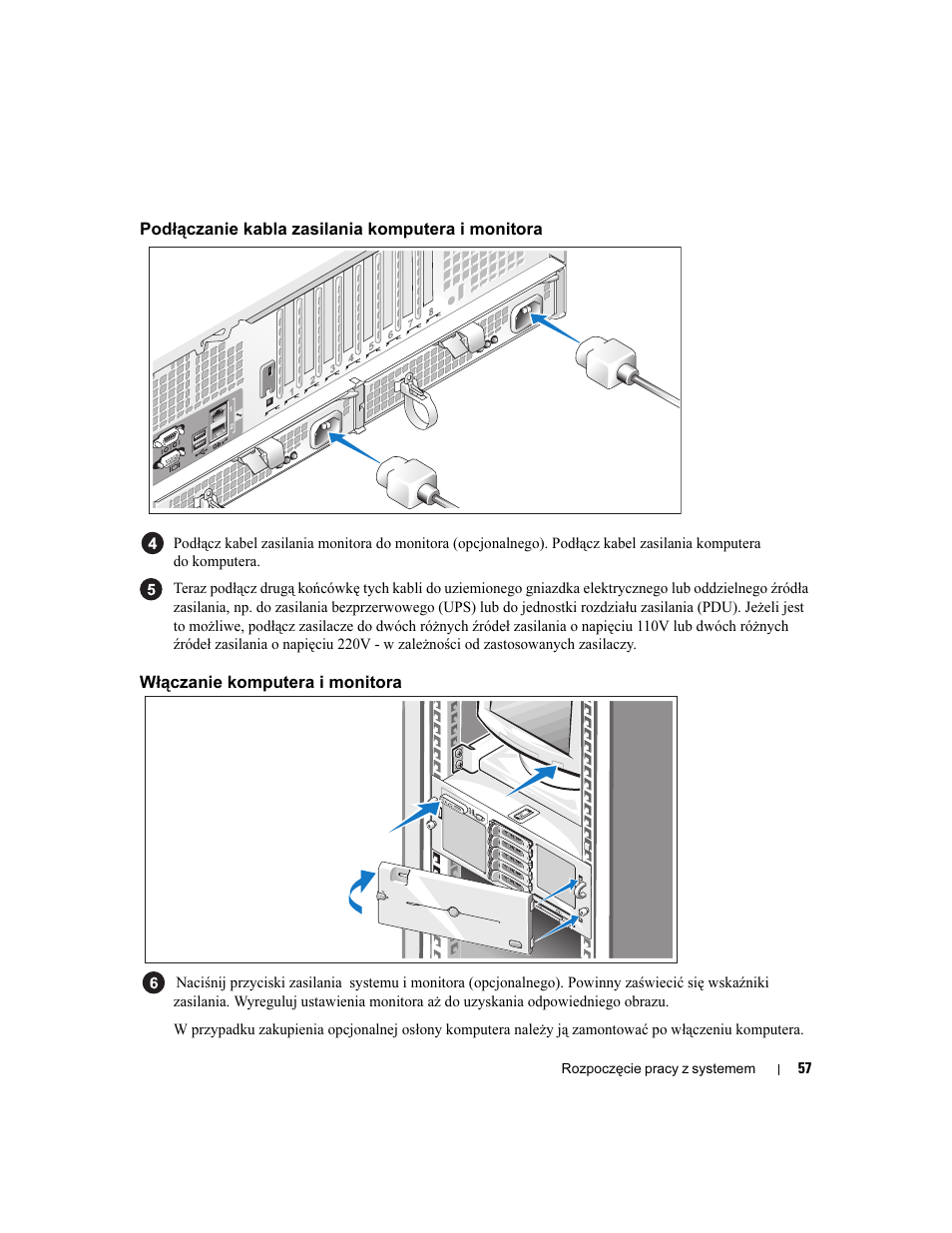 Podłączanie kabla zasilania komputera i monitora, Włączanie komputera i monitora | Dell PowerEdge 6950 User Manual | Page 59 / 92