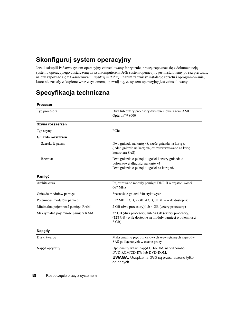 Skonfiguruj system operacyjny, Specyfikacja techniczna | Dell PowerEdge 6950 User Manual | Page 60 / 92