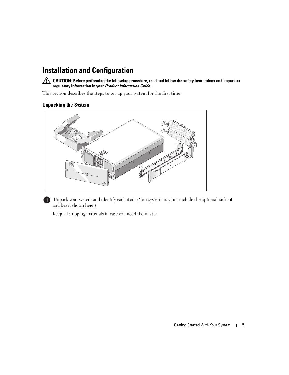 Installation and configuration, Unpacking the system | Dell PowerEdge 6950 User Manual | Page 7 / 92