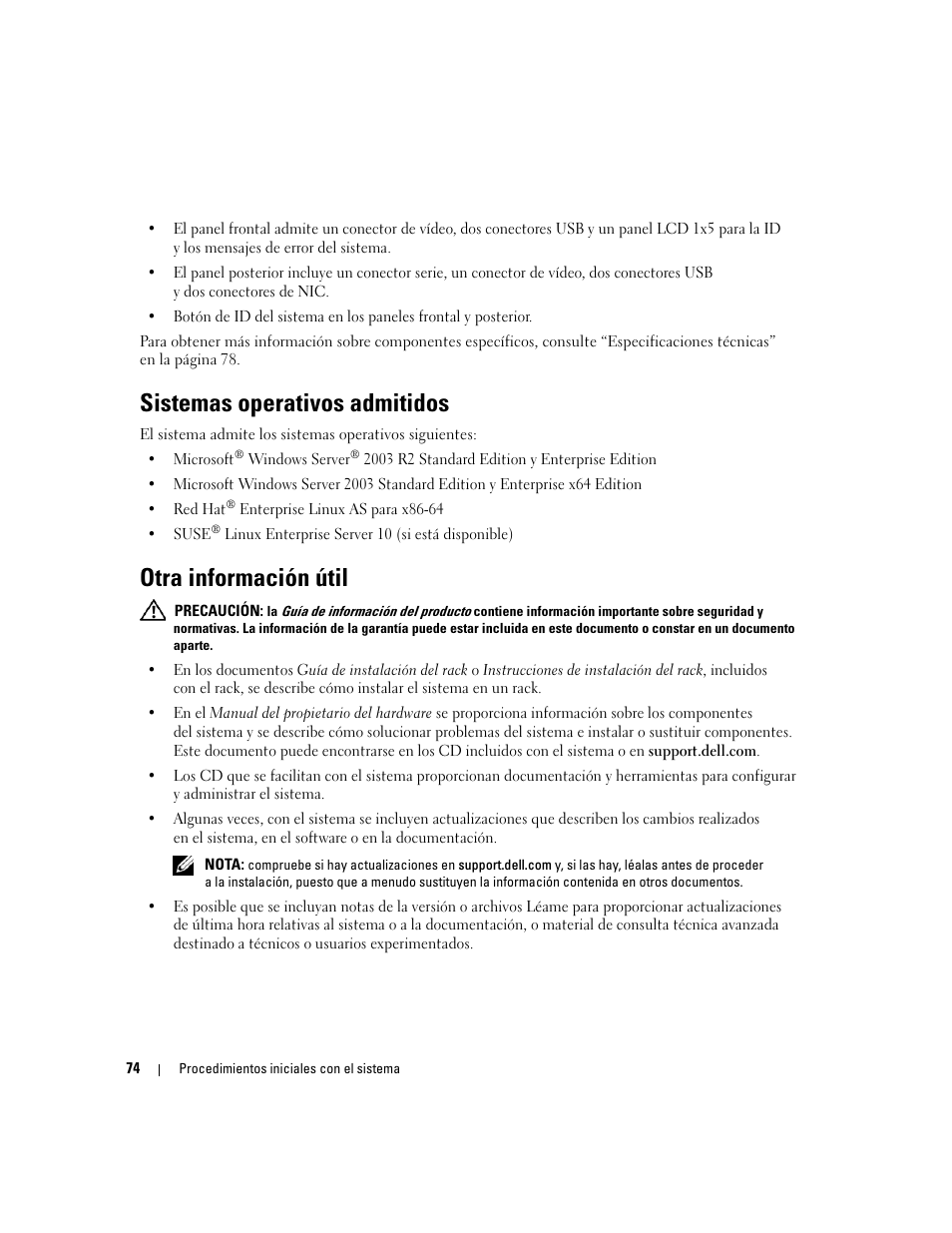 Sistemas operativos admitidos, Otra información útil | Dell PowerEdge 6950 User Manual | Page 76 / 92