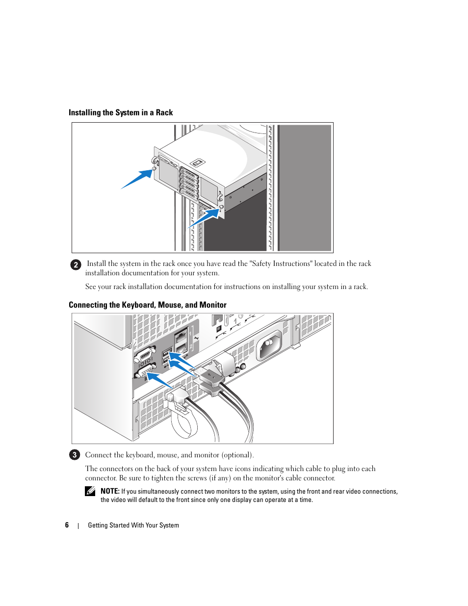 Installing the system in a rack, Connecting the keyboard, mouse, and monitor | Dell PowerEdge 6950 User Manual | Page 8 / 92
