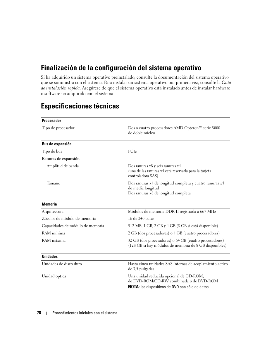 Especificaciones técnicas | Dell PowerEdge 6950 User Manual | Page 80 / 92