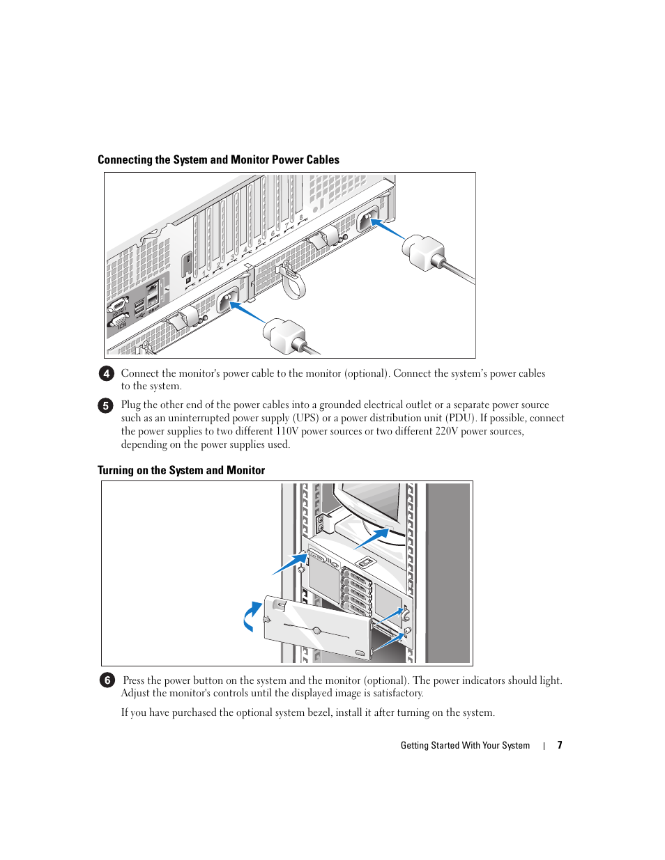 Connecting the system and monitor power cables, Turning on the system and monitor | Dell PowerEdge 6950 User Manual | Page 9 / 92