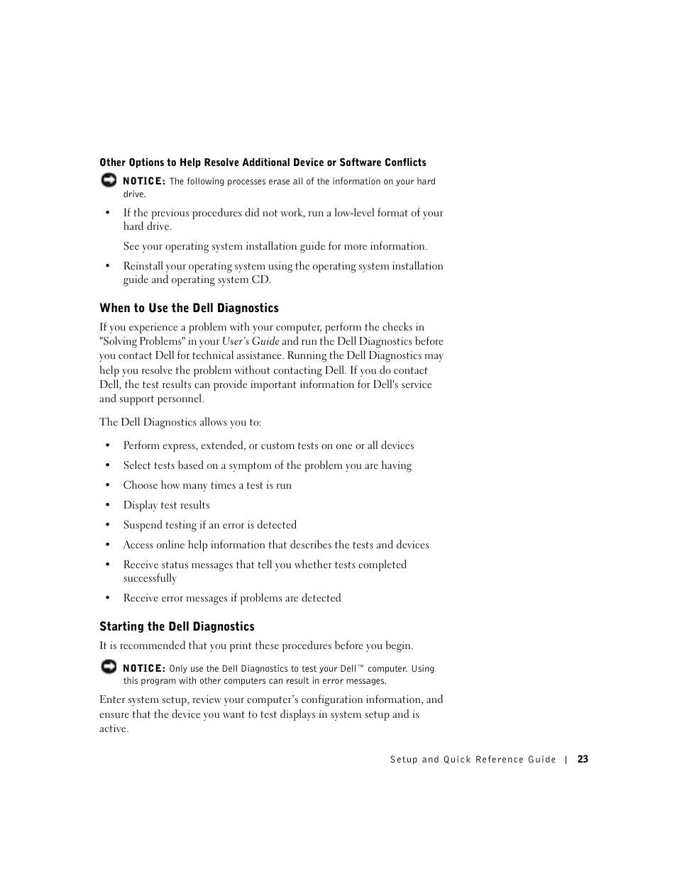 When to use the dell diagnostics, Starting the dell diagnostics | Dell Precision 350 User Manual | Page 23 / 102