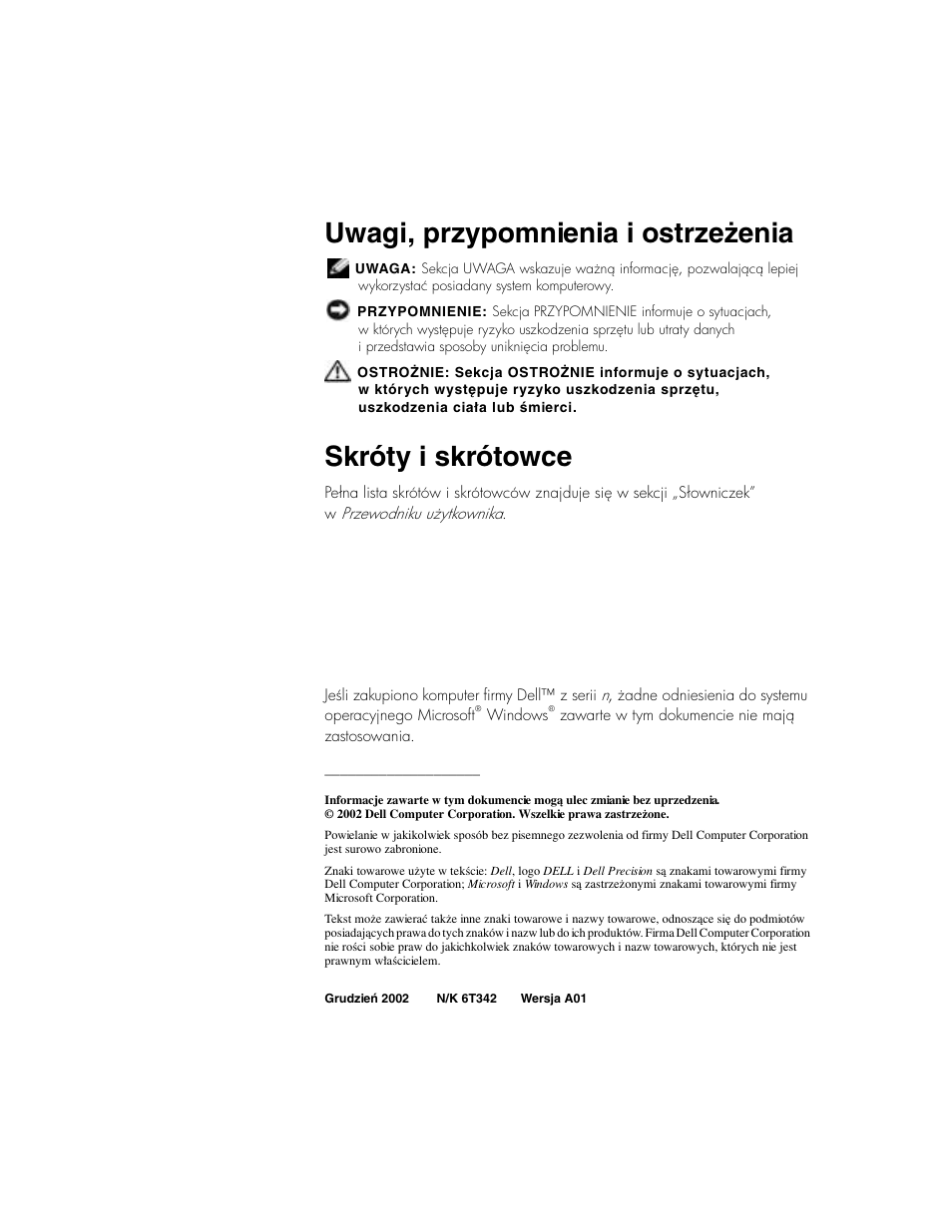 Uwagi, przypomnienia i ostrzeżenia, Skróty i skrótowce | Dell Precision 350 User Manual | Page 34 / 102