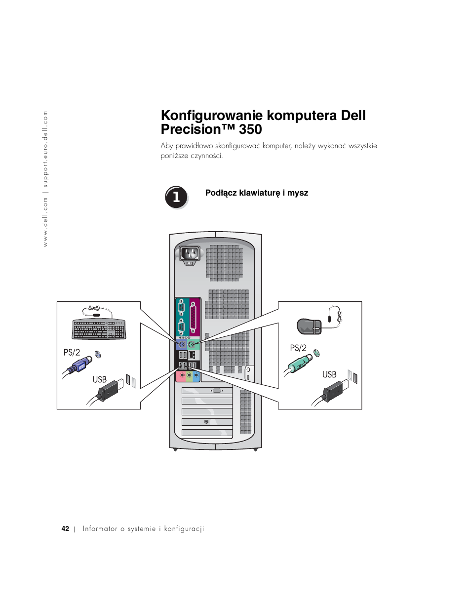 Konfigurowanie komputera dell precision™ 350, Podłącz klawiaturę i mysz, Podłécz klawiaturê i mysz | Dell Precision 350 User Manual | Page 42 / 102