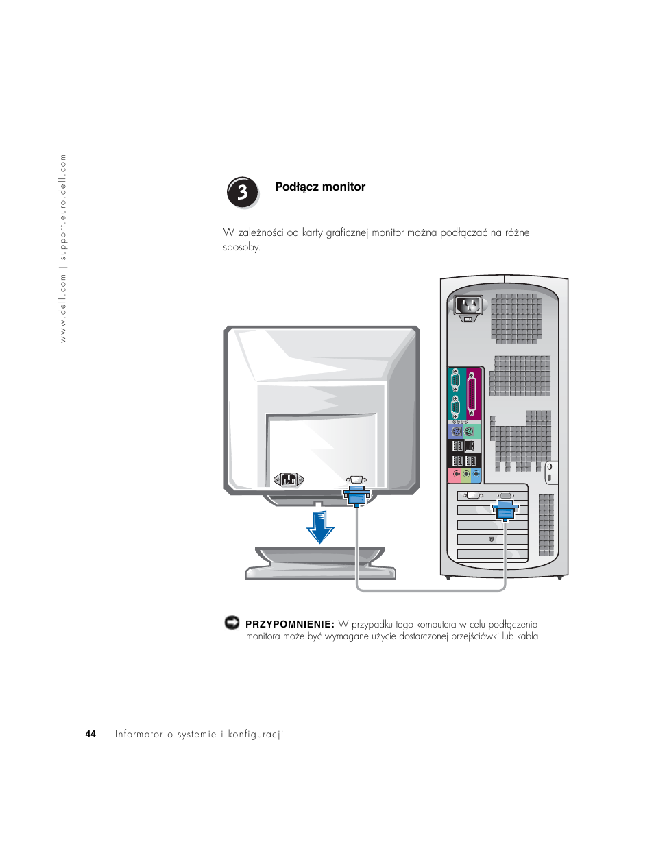 Podłącz monitor, Podłécz monitor | Dell Precision 350 User Manual | Page 44 / 102