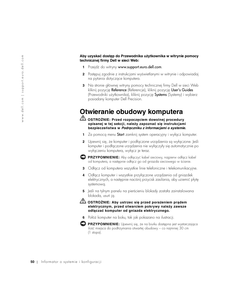 Otwieranie obudowy komputera | Dell Precision 350 User Manual | Page 50 / 102