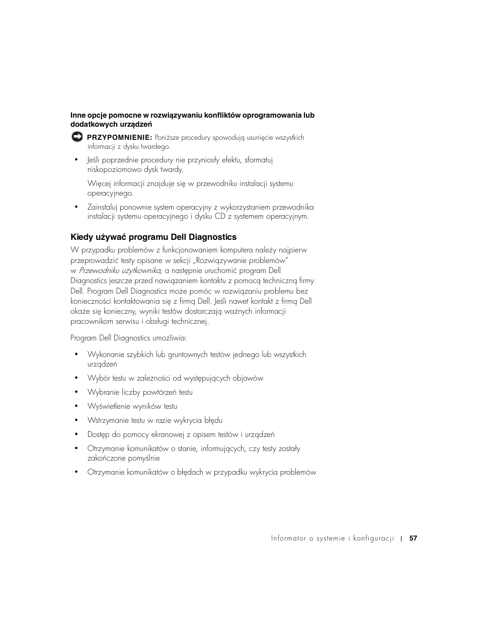 Kiedy używać programu dell diagnostics, Kiedy uɥywać programu dell diagnostics | Dell Precision 350 User Manual | Page 57 / 102
