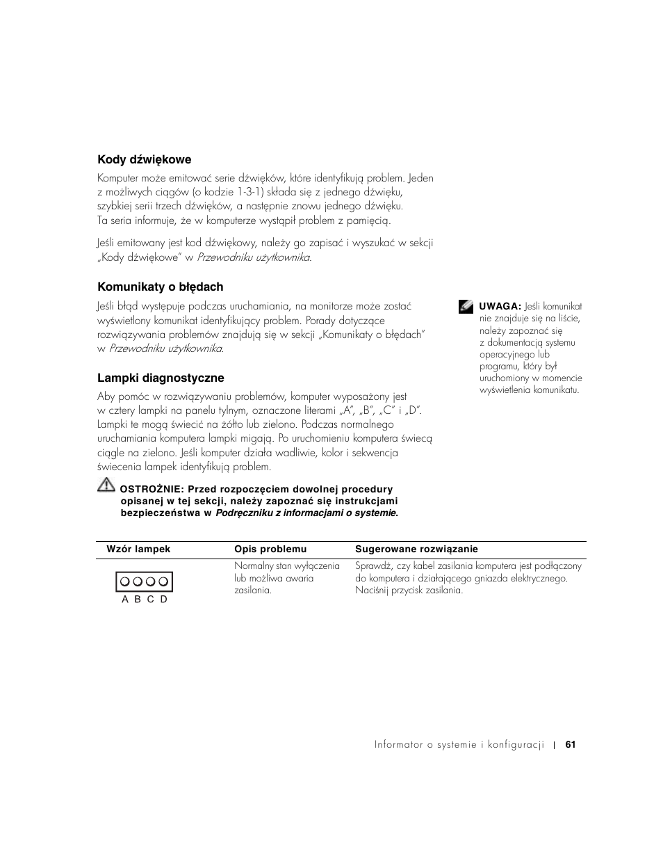 Kody dźwiękowe, Komunikaty o błędach, Lampki diagnostyczne | Kody dɡwiêkowe, Komunikaty o błêdach | Dell Precision 350 User Manual | Page 61 / 102