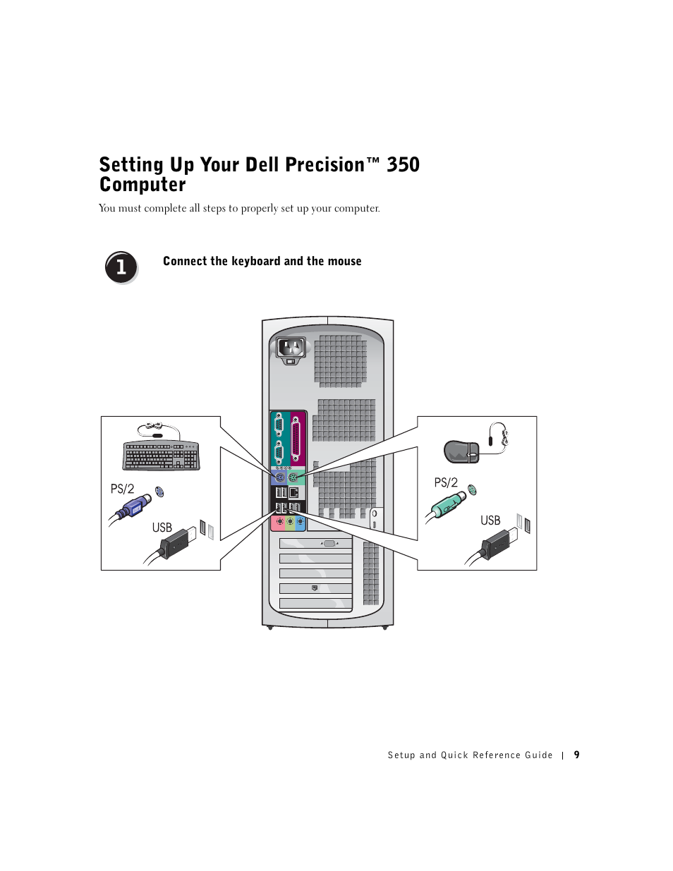 Setting up your dell precision™ 350 computer, Connect the keyboard and the mouse | Dell Precision 350 User Manual | Page 9 / 102