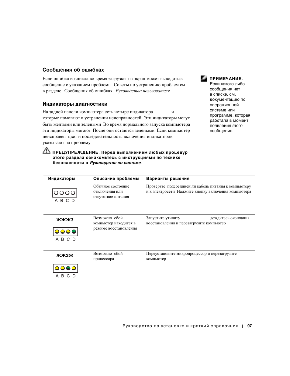 Сообщения об ошибках, Индикаторы диагностики | Dell Precision 350 User Manual | Page 97 / 102