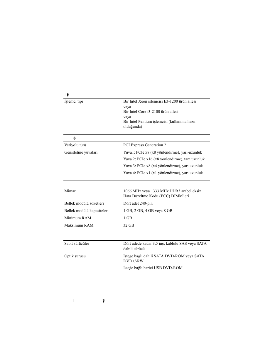 Teknik özellikler | Dell PowerEdge T110 II User Manual | Page 106 / 122