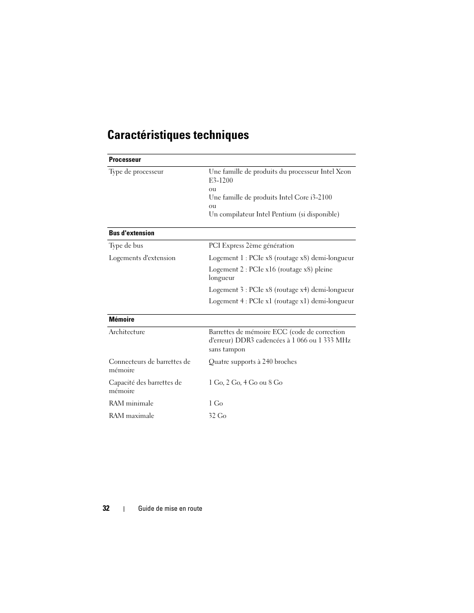 Caractéristiques techniques | Dell PowerEdge T110 II User Manual | Page 34 / 122