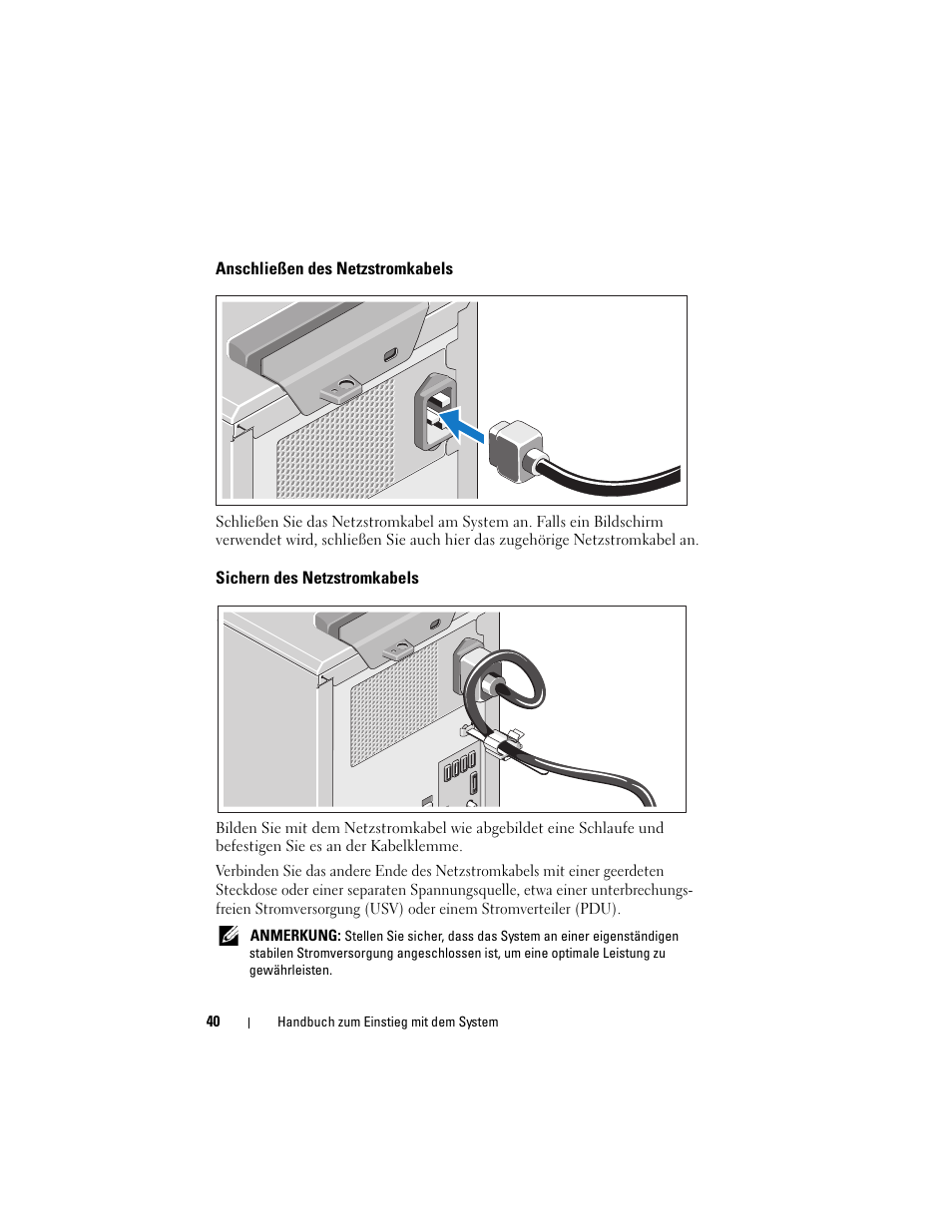 Anschließen des netzstromkabels, Sichern des netzstromkabels | Dell PowerEdge T110 II User Manual | Page 42 / 122