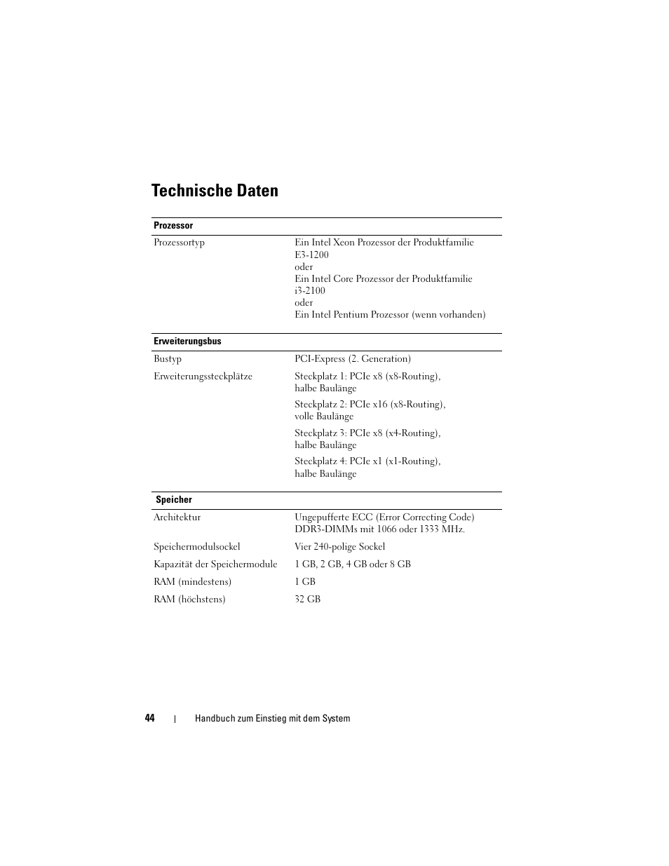 Technische daten | Dell PowerEdge T110 II User Manual | Page 46 / 122