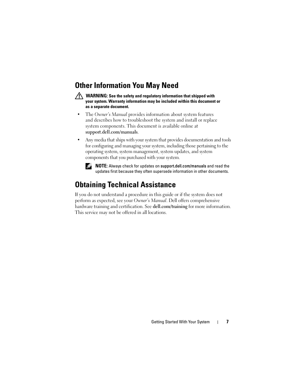 Other information you may need, Obtaining technical assistance | Dell PowerEdge T110 II User Manual | Page 9 / 122