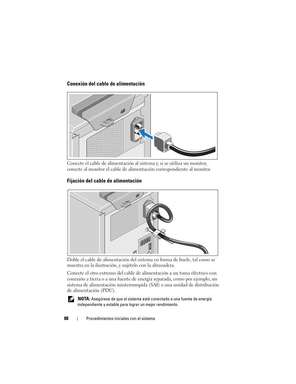 Conexión del cable de alimentación, Fijación del cable de alimentación | Dell PowerEdge T110 II User Manual | Page 90 / 122
