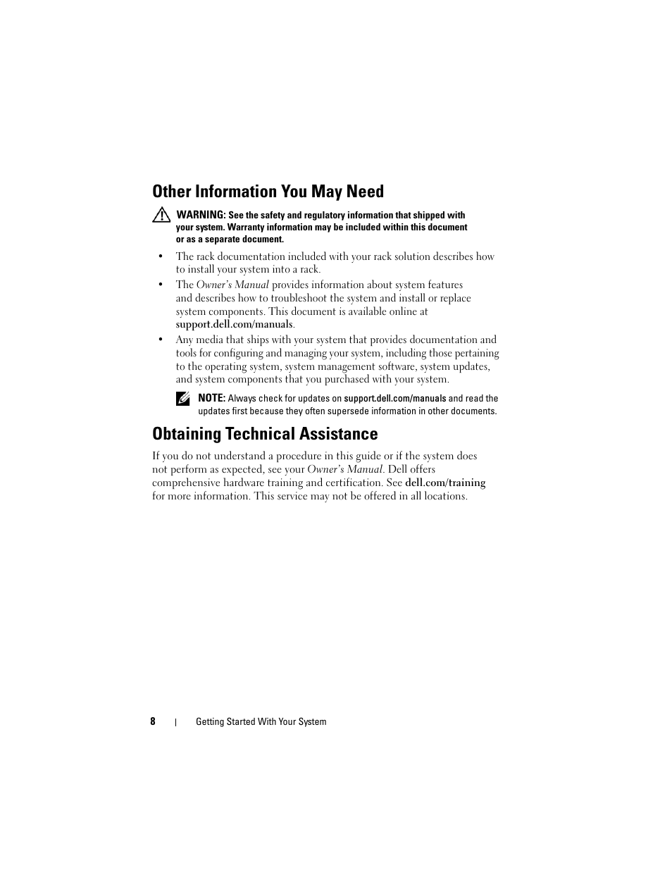 Other information you may need, Obtaining technical assistance | Dell PowerEdge R210 II User Manual | Page 10 / 124