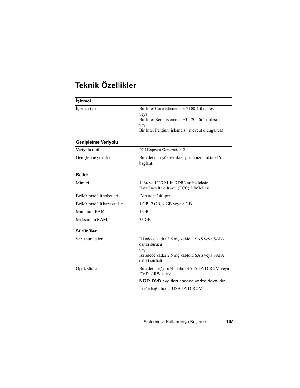 Teknik özellikler | Dell PowerEdge R210 II User Manual | Page 109 / 124