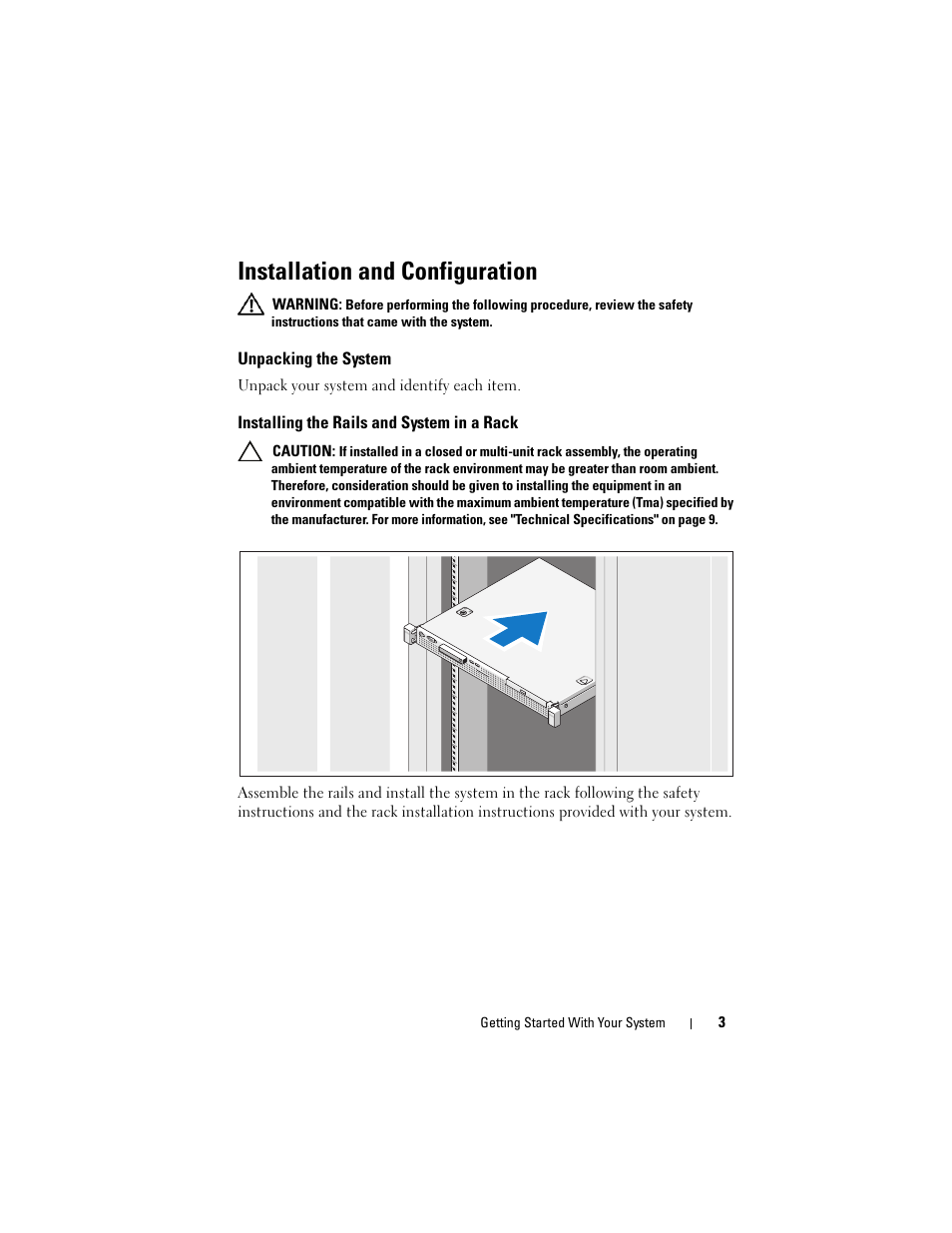 Installation and configuration, Unpacking the system, Installing the rails and system in a rack | Dell PowerEdge R210 II User Manual | Page 5 / 124
