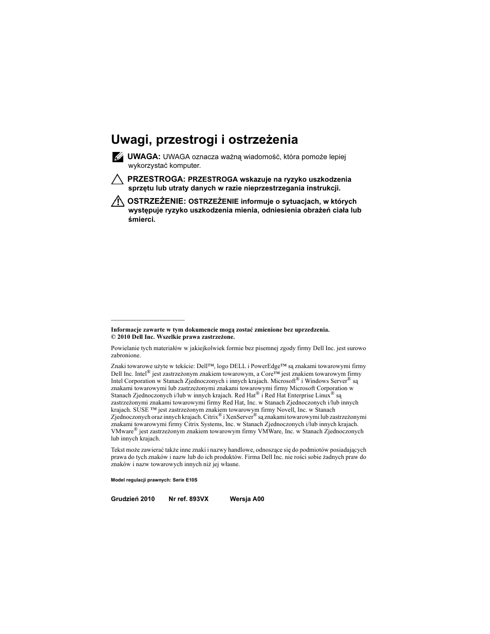 Uwagi, przestrogi i ostrzeżenia | Dell PowerEdge R210 II User Manual | Page 64 / 124