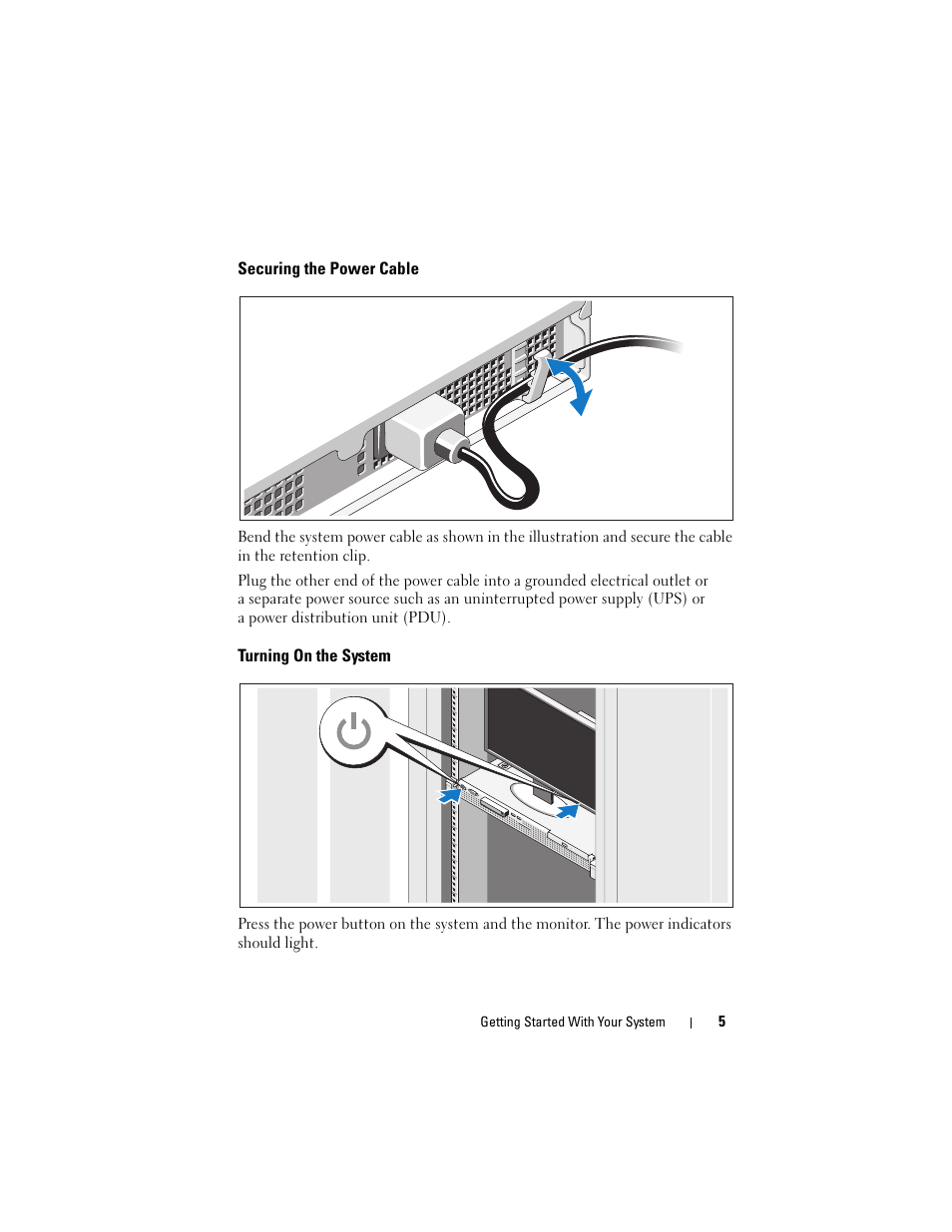 Securing the power cable, Turning on the system | Dell PowerEdge R210 II User Manual | Page 7 / 124