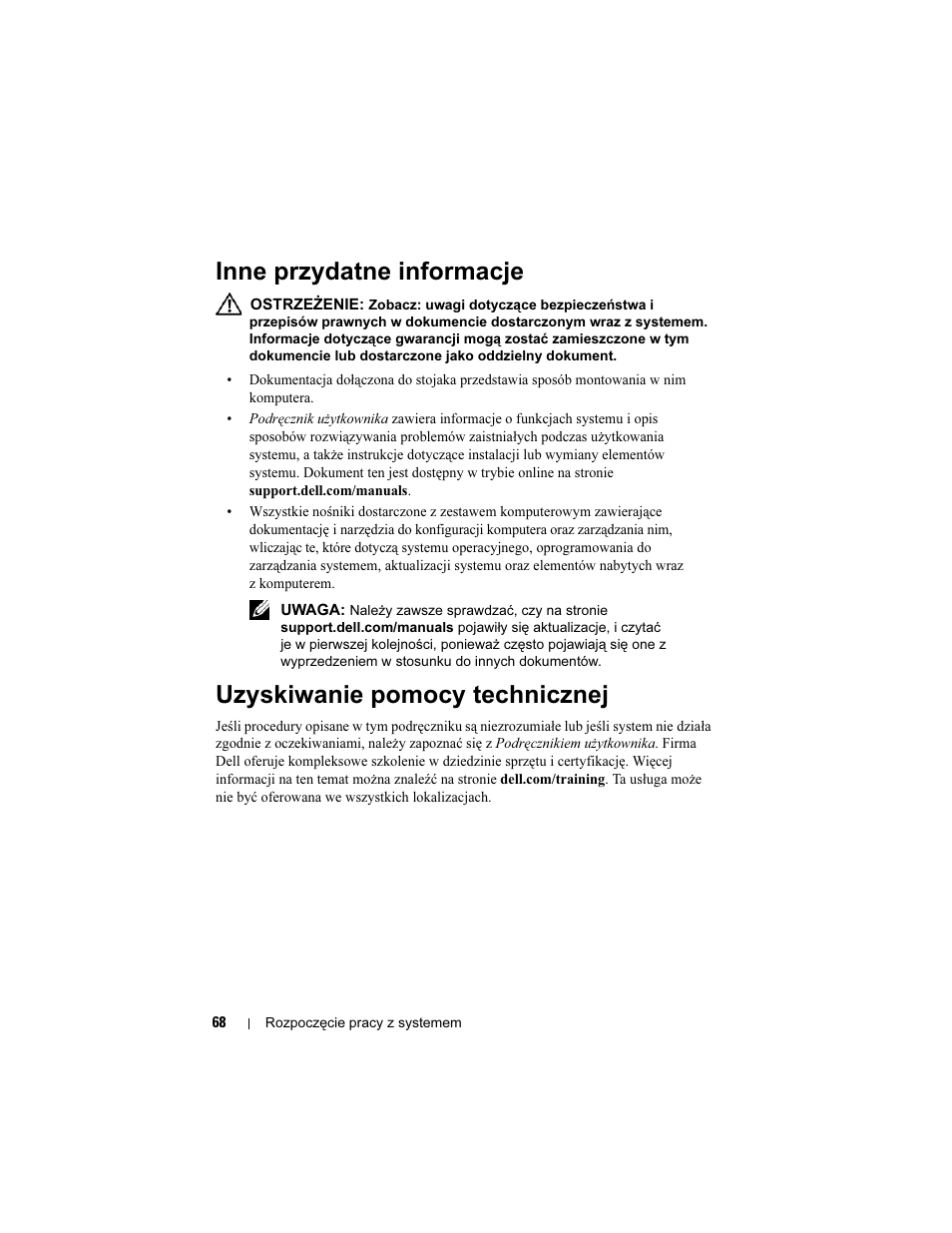 Inne przydatne informacje, Uzyskiwanie pomocy technicznej | Dell PowerEdge R210 II User Manual | Page 70 / 124