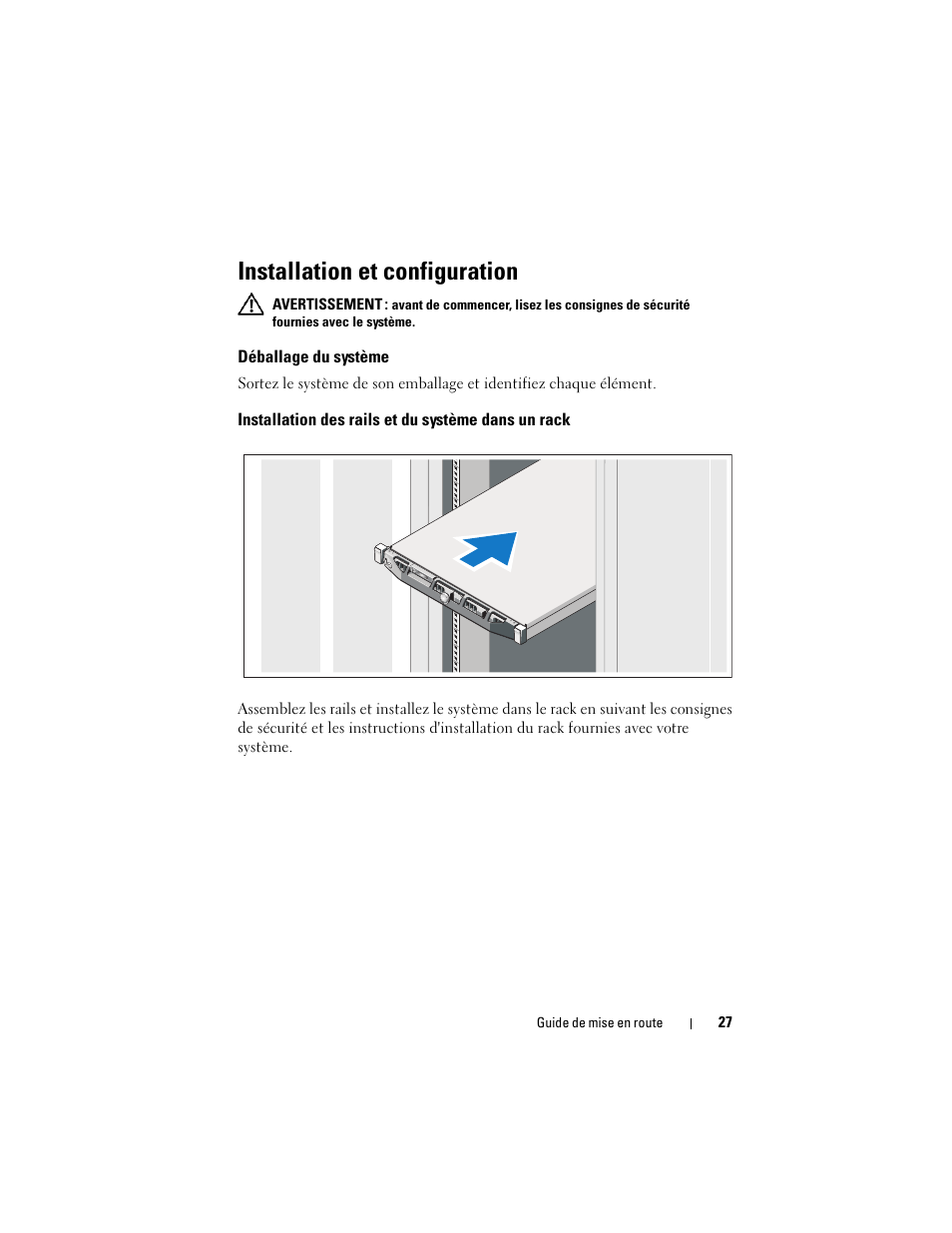 Installation et configuration, Déballage du système, Installation des rails et du système dans un rack | Dell PowerVault NX300 User Manual | Page 29 / 124