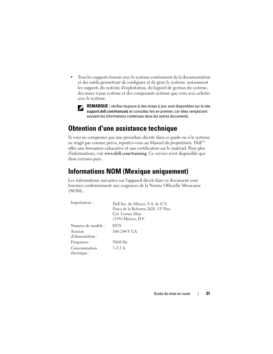 Obtention d'une assistance technique, Informations nom (mexique uniquement) | Dell PowerVault NX300 User Manual | Page 33 / 124