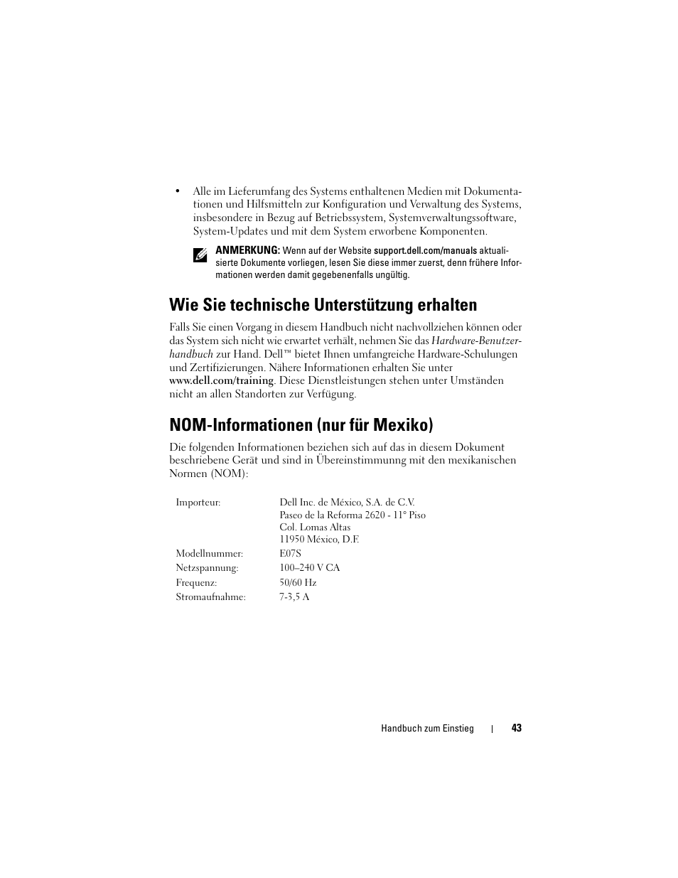 Wie sie technische unterstützung erhalten, Nom-informationen (nur für mexiko) | Dell PowerVault NX300 User Manual | Page 45 / 124