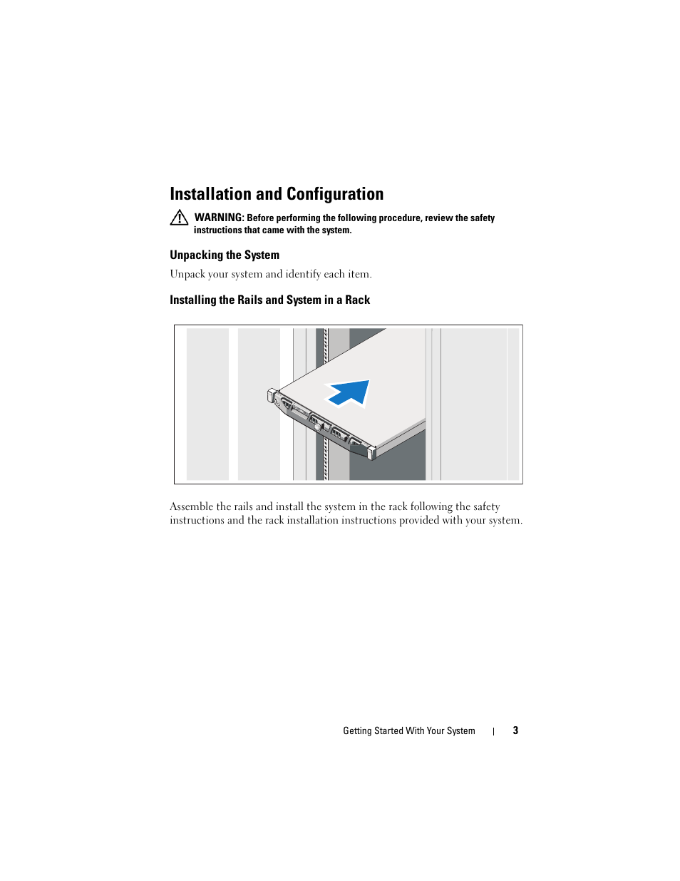Installation and configuration, Unpacking the system, Installing the rails and system in a rack | Dell PowerVault NX300 User Manual | Page 5 / 124
