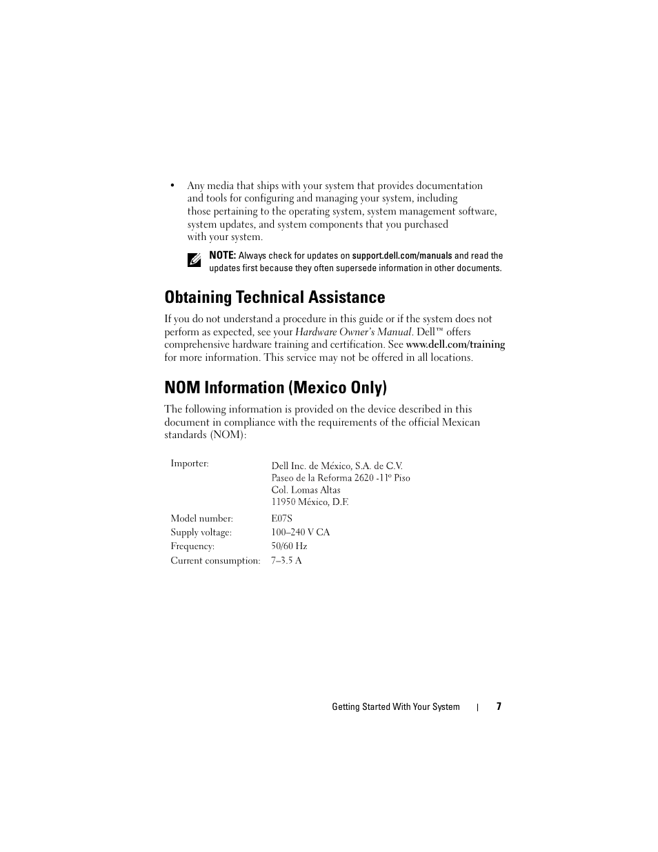 Obtaining technical assistance, Nom information (mexico only) | Dell PowerVault NX300 User Manual | Page 9 / 124