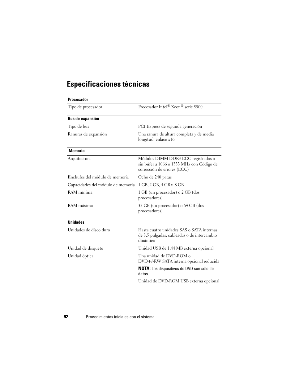 Especificaciones técnicas | Dell PowerVault NX300 User Manual | Page 94 / 124