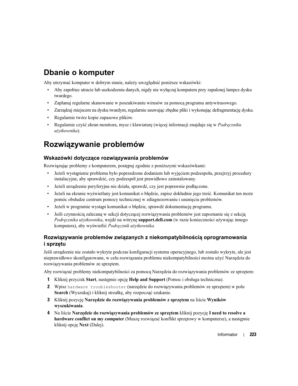 Dbanie o komputer, Rozwiązywanie problemów, Wskazówki dotyczące rozwiązywania problemów | Dell Precision 490 Desktop User Manual | Page 223 / 380