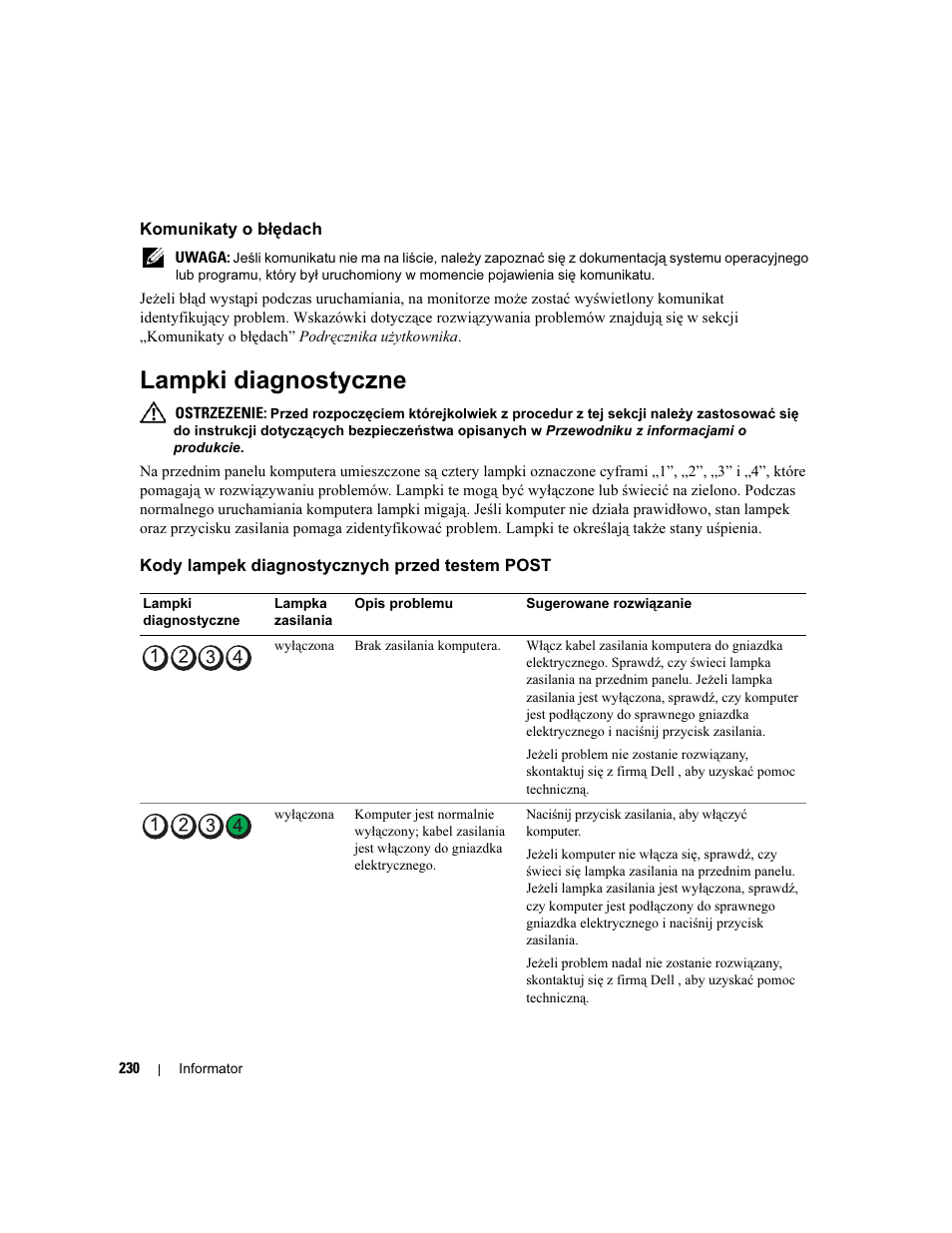 Komunikaty o błędach, Lampki diagnostyczne, Kody lampek diagnostycznych przed testem post | Dell Precision 490 Desktop User Manual | Page 230 / 380