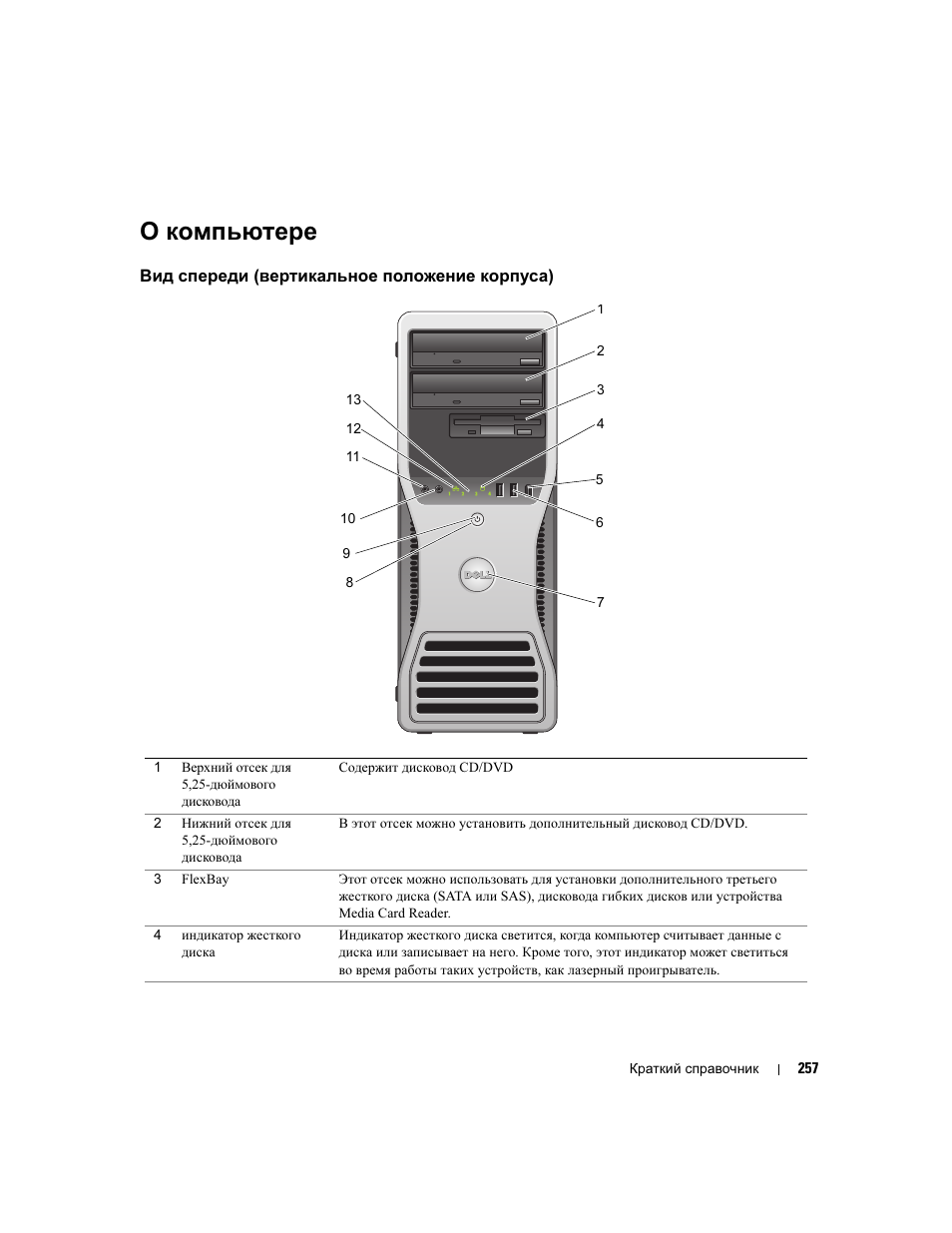 О компьютере, Вид спереди (вертикальное положение корпуса) | Dell Precision 490 Desktop User Manual | Page 257 / 380