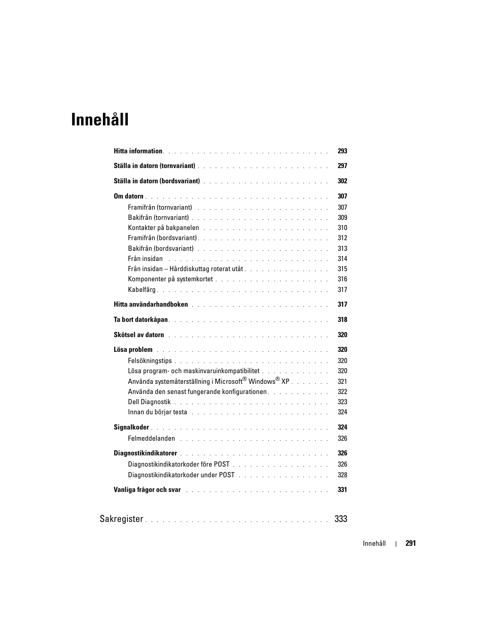 Innehåll, Sakregister | Dell Precision 490 Desktop User Manual | Page 291 / 380