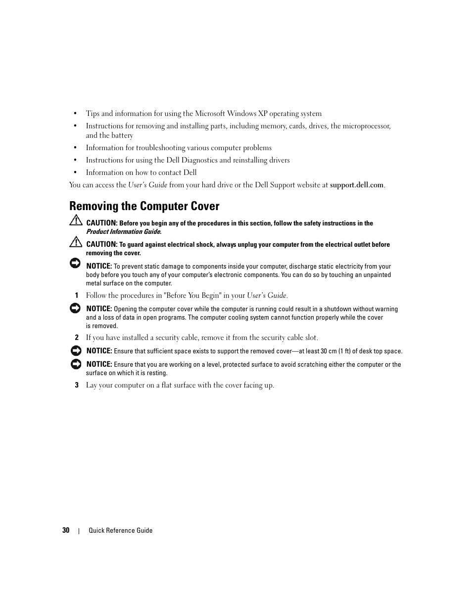 Removing the computer cover | Dell Precision 490 Desktop User Manual | Page 30 / 380
