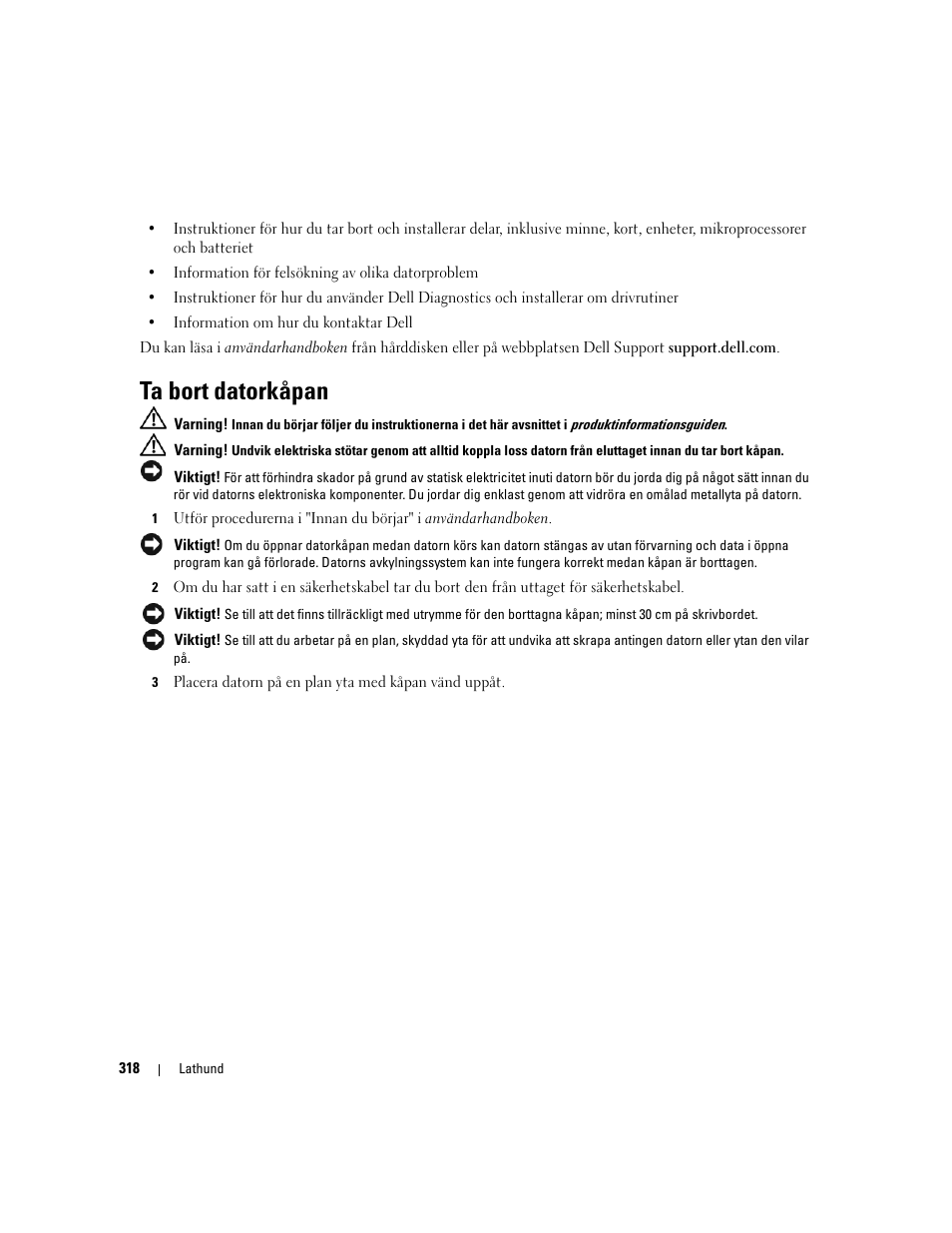 Ta bort datorkåpan | Dell Precision 490 Desktop User Manual | Page 318 / 380