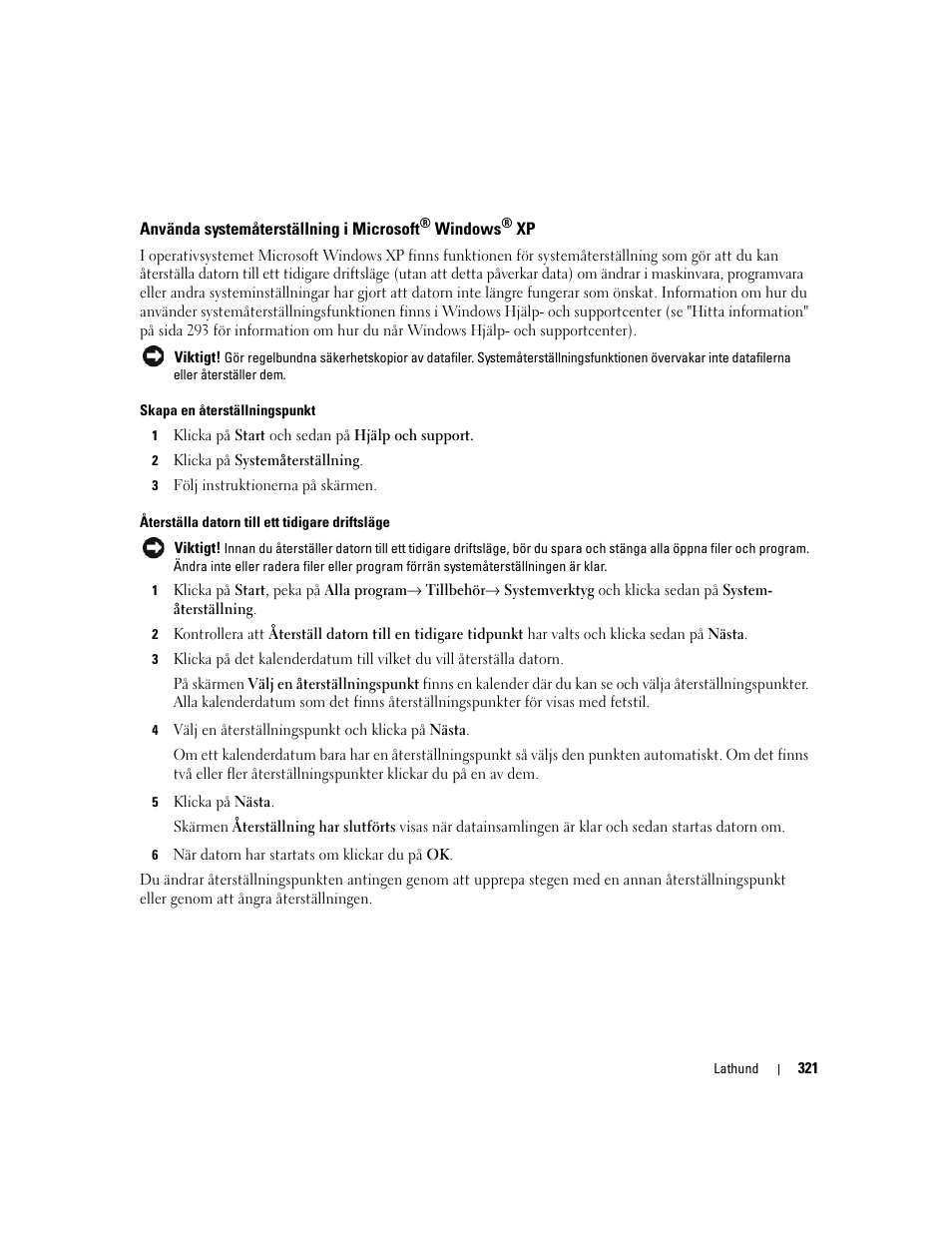 Använda systemåterställning i microsoft, Windows | Dell Precision 490 Desktop User Manual | Page 321 / 380