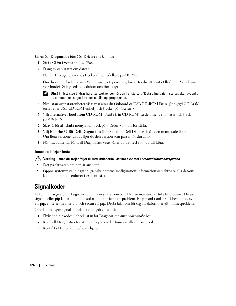 Innan du börjar testa, Signalkoder | Dell Precision 490 Desktop User Manual | Page 324 / 380