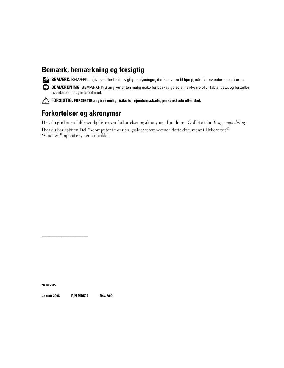 Bemærk, bemærkning og forsigtig, Forkortelser og akronymer | Dell Precision 490 Desktop User Manual | Page 48 / 380