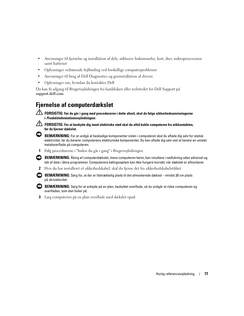 Fjernelse af computerdækslet | Dell Precision 490 Desktop User Manual | Page 77 / 380
