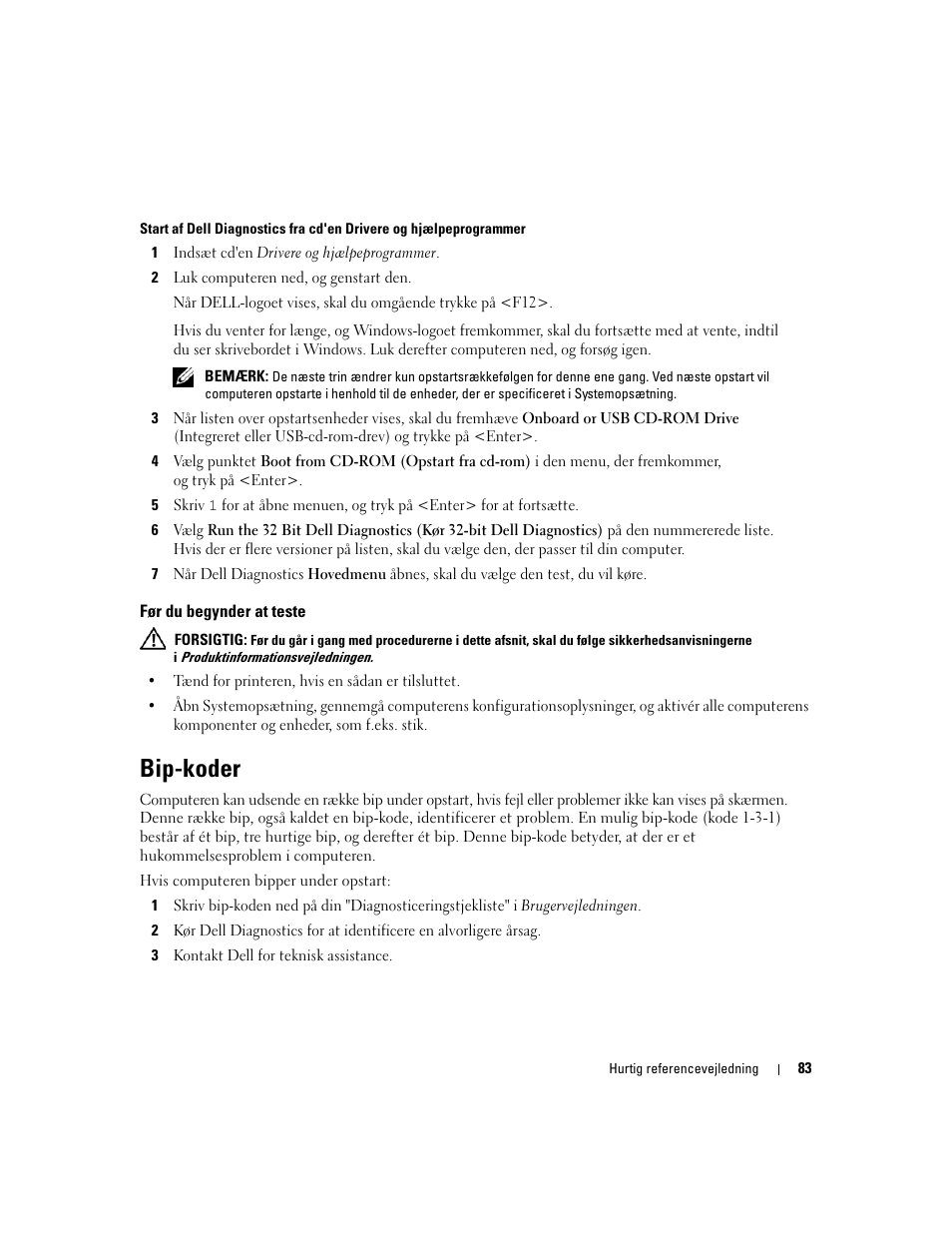 Før du begynder at teste, Bip-koder | Dell Precision 490 Desktop User Manual | Page 83 / 380