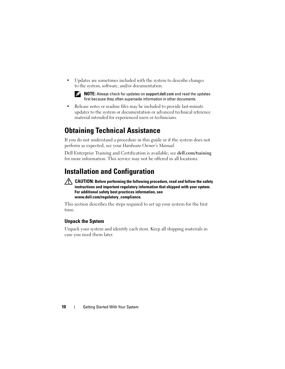 Obtaining technical assistance, Installation and configuration, Unpack the system | Dell PowerEdge M605 User Manual | Page 12 / 201