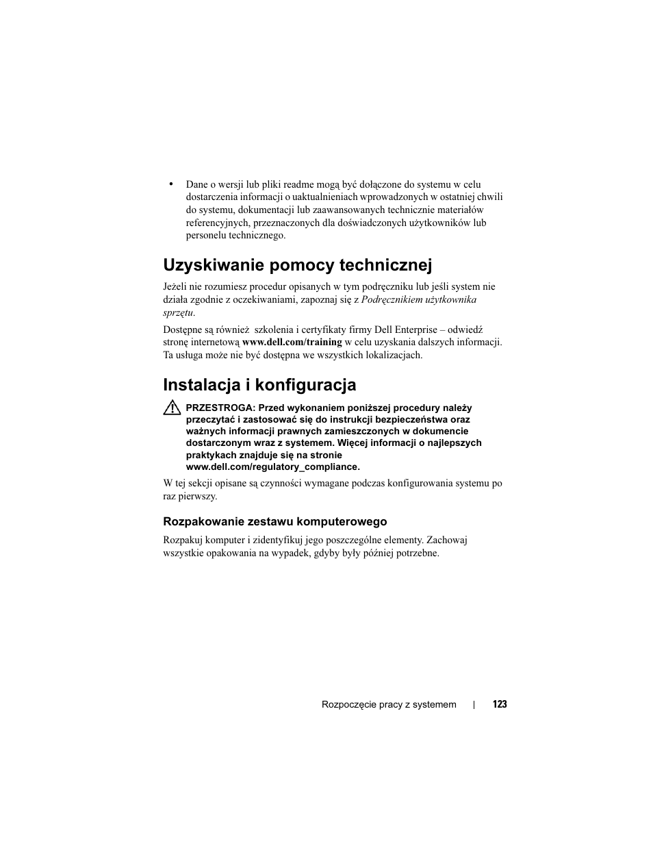 Uzyskiwanie pomocy technicznej, Instalacja i konfiguracja, Rozpakowanie zestawu komputerowego | Dell PowerEdge M605 User Manual | Page 125 / 201