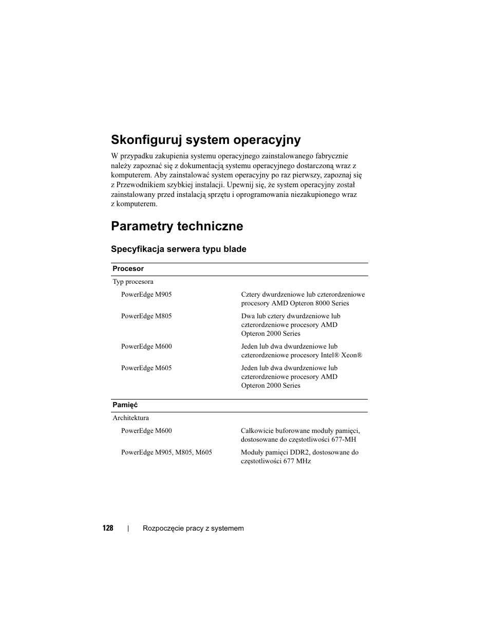Skonfiguruj system operacyjny, Parametry techniczne | Dell PowerEdge M605 User Manual | Page 130 / 201